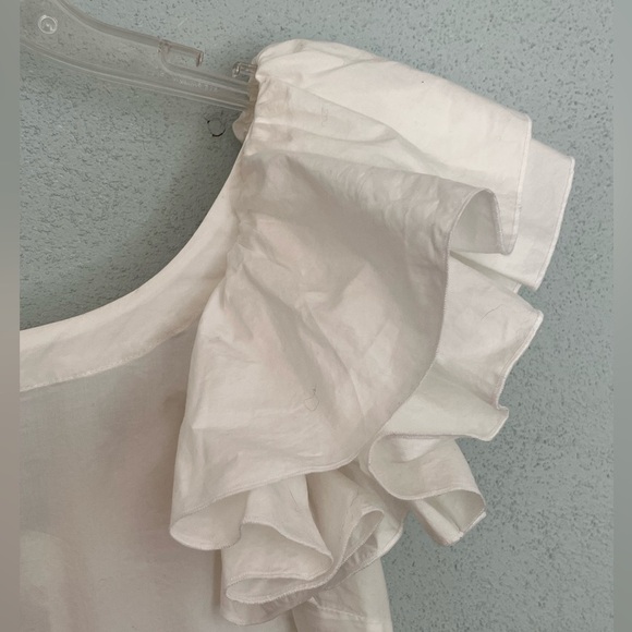 Paola Frani White Embroidered Ruffle Shoulder Sheath Dress Size Small Coquette - Picture 6 of 12